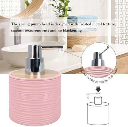 CERBIOR Bamboo Bathroom Accessories Set 6 Piece Spiral Bath Ensemble（Pink）