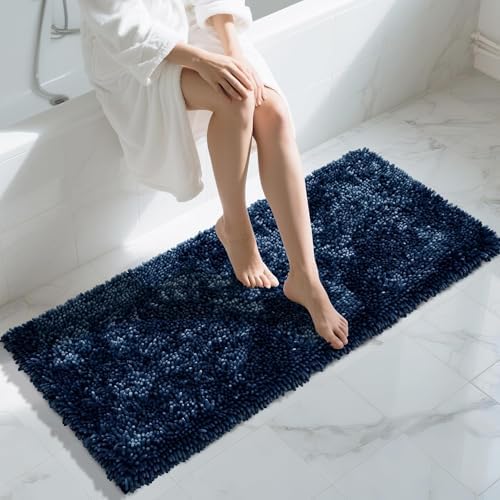 Yimobra Long Bathroom Rugs Runner 55x24 Inch, Extra Thick Soft Absorbent Chenille Bath Mat, Non Slip Machine Washable, Quick Dry Bath Rugs for Bathroom Floor, Tub and Shower, Blue