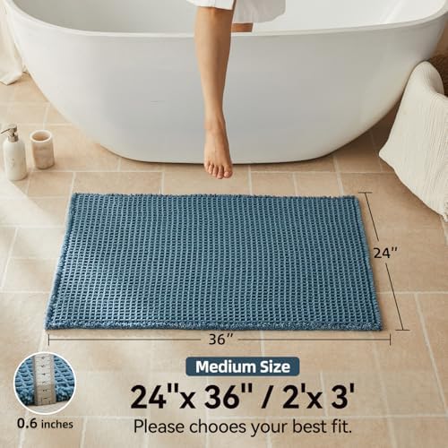 Triohero Waffle Bath Mat, Boho Bathroom Rugs Non Slip, 24x36 Denim Blue