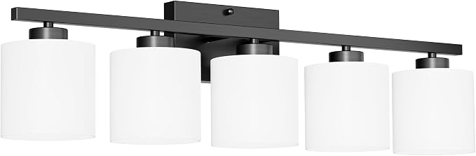 Honesorn Black Vanity Light, 5-Light Bathroom Light Fixtures, Frosted Shade | Matte Black Bathroom Vanity Light, Wall Sconces with Milky White Frosted Shades for Bedroom,E26 Socket(Bulbs Not Included)