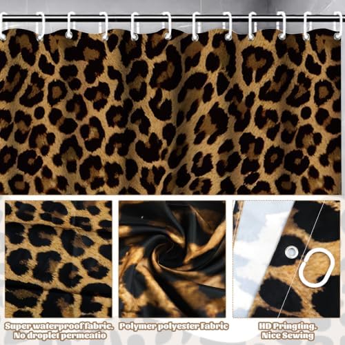 AnyDesign 28 Pcs Leopard Shower Curtain Set with Non-Slip Bath Mat U-Shaped Rug Toilet Lid Cover Cheetah Print Shower Curtain with Hooks and Pink Ribbons for Bathroom Accessories & Decor