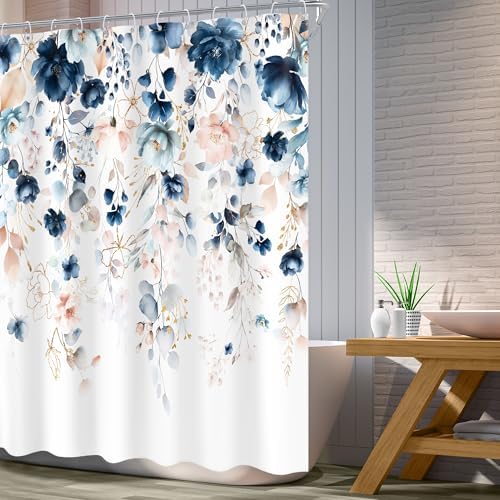 Small Stall Flower Blue Pink Spring Bathroom Shower Curtain Set