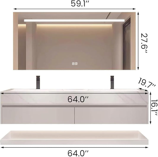 64" Double Sink Modern Bathroom Vanity Set with LED Mirror, Seamless Design with Ceramic Sink & Quartz Countertop, Paint-Free Multi-Layer Solid Wood Cabinet, Soft-Close Doors, White‌
