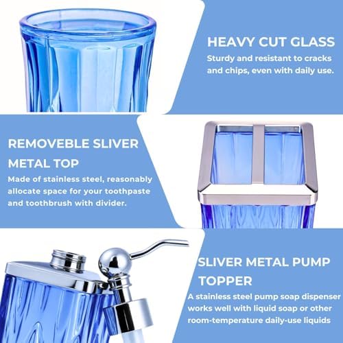 Blue Bathroom Accessories, Square Thick Glass & Metal Pump