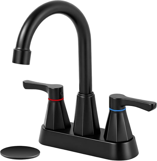 Black Bathroom Faucet 3 Hole, 4 Inch 2-Handle Centerset Bathroom Sink Faucet, Faucet for Bathroom Sink 360° Swivel Bathroom Faucets RV Lavatory Vanity Faucet with Pop-up Drain