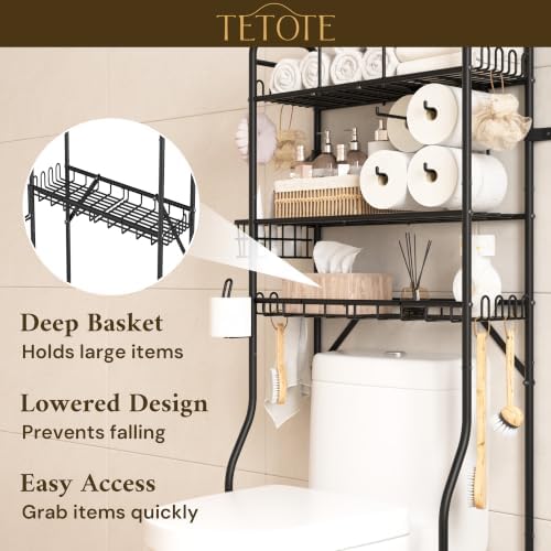 TETOTE Over The Toilet Storage Rack, 3-Tier Bathroom Organizer Shelf Over Toilet with Toilet Paper Roll Holder, Freestanding Metal Rack, Black