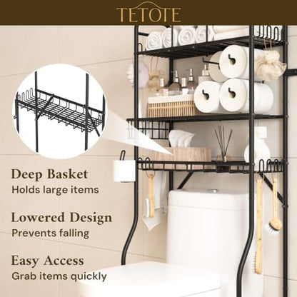 TETOTE Over The Toilet Storage Rack, 3-Tier Bathroom Organizer Shelf Over Toilet with Toilet Paper Roll Holder, Freestanding Metal Rack, Black