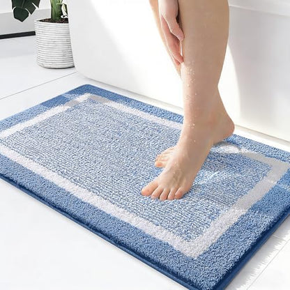 OLANLY Small Bathroom Rugs 24x16, Soft Absorbent Microfiber Bath Rugs, Blue