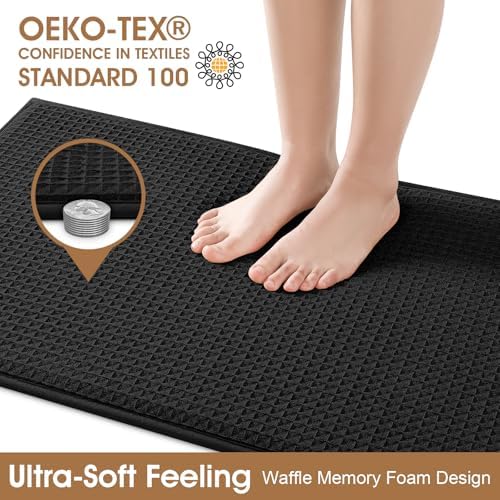 ACCUMTEK Memory Foam Bath Mat Set 3 Piece, Ultra Soft Absorbent Waffle Bathroom Rugs, Super Non-Slip PVC Backing Bath Rug Quick Dry, Machine Washable Rug for Tub, Shower, Home Decor Accessory, Black