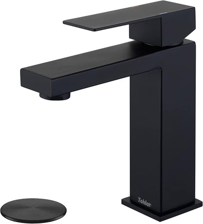 Tohlar Black Bathroom Faucet, Bathroom Faucets for Sink 1 Hole, Matte Black Single Hole Bathroom Faucets Modern Single Handle Vanity Faucet with Overflow Pop Up Drain Stopper and Water Supply Lines