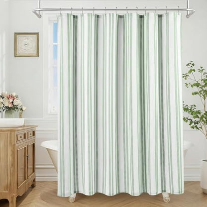ORTIGIA Green Striped Shower Curtain 72x72 Inch, Waffle Textured Heavy Duty Thick Cloth Fabric Shower Curtains with 12 Metal Hooks,Green and White Bath Bathroom Shower Curtain