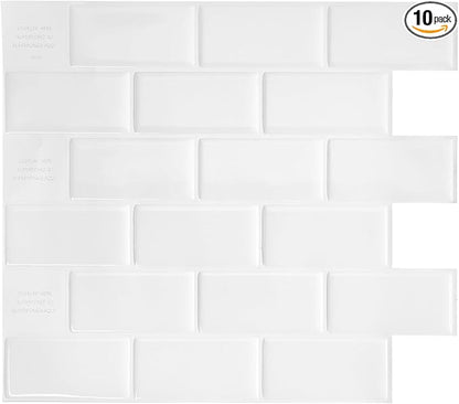 Smart Tiles Peel and Stick backsplash, Subway Pure White, 10.95"x9.7" | Pack of 10 (6.3 sq ft), Glossy, Heat/Moisture Resistant, Low VOC, Kitchen/Bathroom, Renter Friendly, Made in Canada