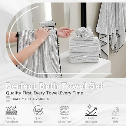 8-Piece Premium Towel Set for Bathroom|2 Oversized Large Bath Sheet 35”x70”,2 Hand Towels,4 Washcloths|Soft Cozy Absorbent Fast Dry Polyester Shower Towel Set for Hotel Bathroom Essentials,Black White