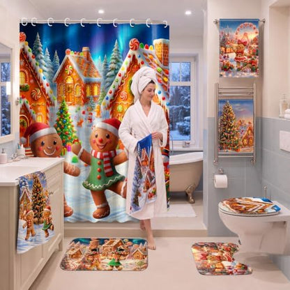 FuWeave 8Pcs Cute Gingerbread Man Christmas Shower Curtain Set, Candy House Xmas Winter Village Bathroom Decor, Includes Non-Slip Bath Rug, U-Shaped Mat, Toilet Lid Cover, Hand Towels & 12 Hooks