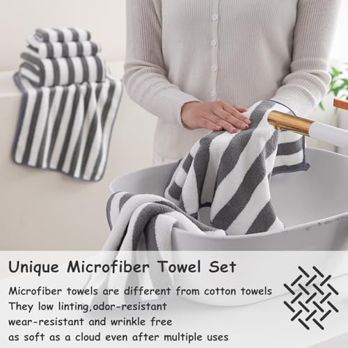 18 Pcs Gray Stripe Bath Towel Set with Hanging Loop-6 Bath Towels,6 Hand Towels,6 Washcloths Soft Family Towels Set Bathroom Towel Highly Absorbent Quick Dry Shower Towel for Beach Chair Spa Gym Hotel