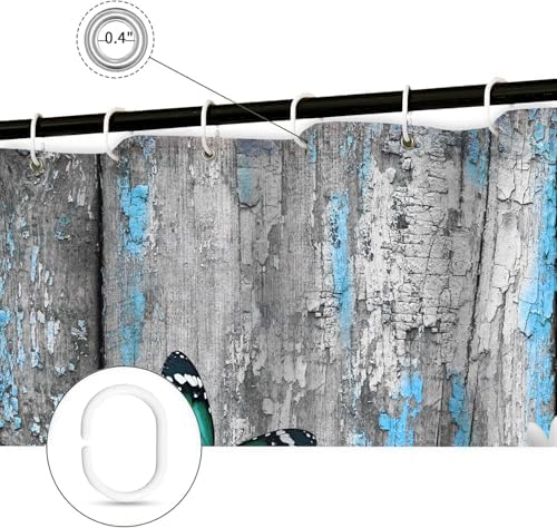 Rustic Farmhouse Shower Curtain, Farm Teal Daisy Floral Flowers and Butterfly on Country Wooden Shower Curtain for Bathroom, Country Blue Daisy Cute Highland Cow Curtain with 12PCS Hooks 47X64in