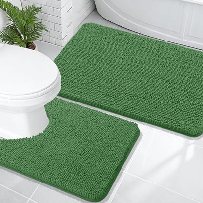 OLANLY Chenille Bathroom Rugs Sets 2 Piece, 36"x24"+24"x20", Olive Green