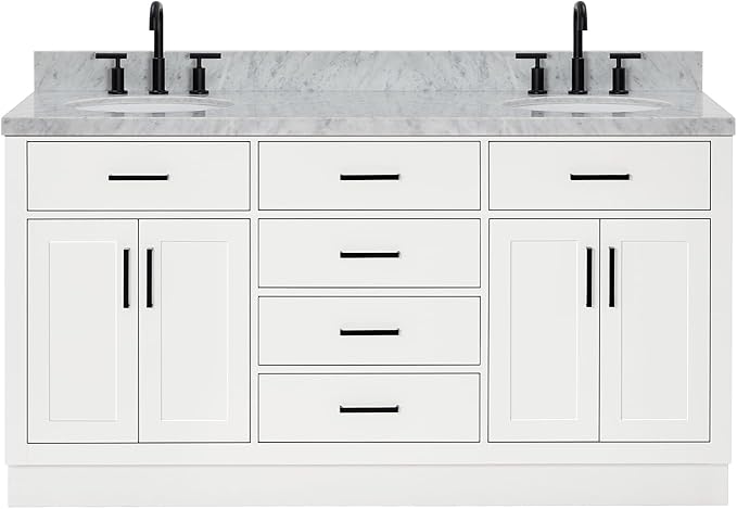 ARIEL Hepburn 66-inch Bathroom Vanity with Sink,Solid Wood, 1.5-inch Italian Carrara Marble Countertop & Backsplash, Double Oval Porcelain Sink, 4 Soft Closing Doors, 6 Dovetail Drawers, White