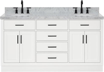 ARIEL Hepburn 66-inch Bathroom Vanity with Sink,Solid Wood, 1.5-inch Italian Carrara Marble Countertop & Backsplash, Double Oval Porcelain Sink, 4 Soft Closing Doors, 6 Dovetail Drawers, White