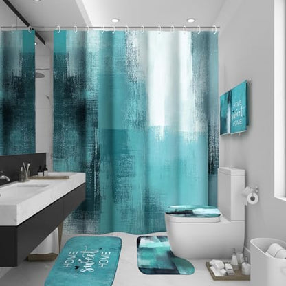 Honoson 8 Pcs Teal Bathroom Shower Curtain Set with Non-Slip Rugs, Towels and Bath Mat, Modern Abstract Turquoise Bathroom Decor Set for Farmhouse Country Summer Housewarming Gifts Decor