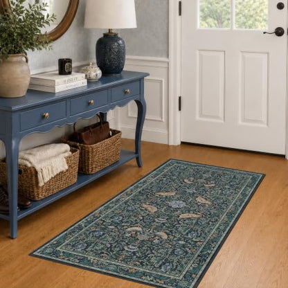 Hazo Haus Washable Floral Small 2x4 Thin Door Mats for Inside Entry, Dark Blue Bird Non Slip Kitchen Rug, Low Pile Bathroom Rug, Traditional Carprt for Bedroom Besdide Bed