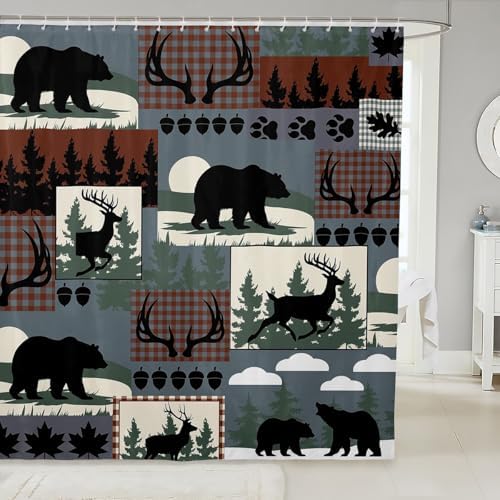 Feelyou Rustic Plaid Shower Curtain for Bathroom Decor Lodge Cabin Bear Bath Curtain Country Elk Moose Bathroom Accessories Woodland Green Waterproof Polyester Fabric for Stalls Bathtubs 72"x84"