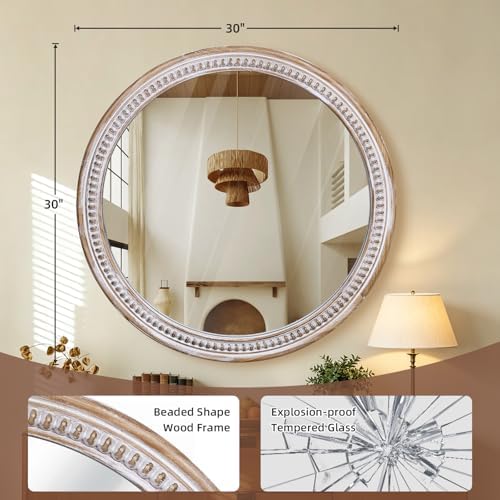 30 Inch Round Wood Mirror, Rustic Farmhouse Wall Mirrors for Bathroom