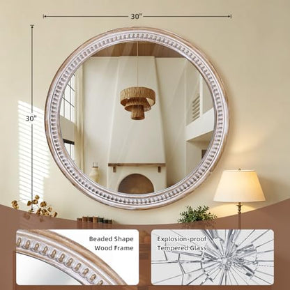 30 Inch Round Wood Mirror, Rustic Farmhouse Wall Mirrors for Bathroom
