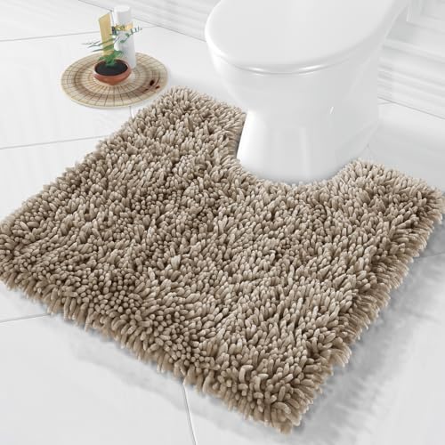 Yimobra Toilet Rugs U Shaped Washable, Extra Thick Soft Absorbent Chenille Contour Bathroom Rugs for Toilet 24x24 Inch, Quick Dry Non Slip Toilet Mat for Bath Floor, Camel