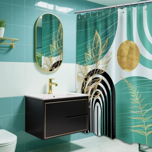 Teal and Gold Shower Curtain, 72x72 in, Mid Century Modern Turquoise