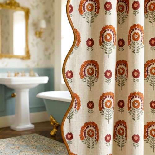 Boomkin Block Print Scalloped Shower Curtain Set with 12 Hooks