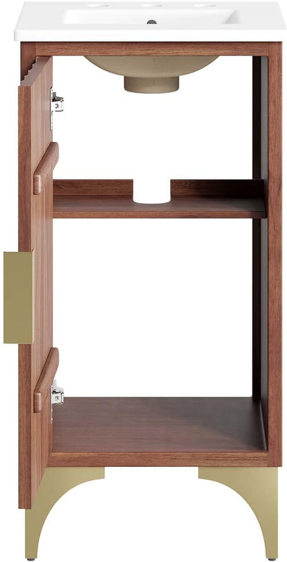 Modway Daylight Bathroom Vanity Cabinet with Ceramic Sink Basin, 18 Inch, White Walnut