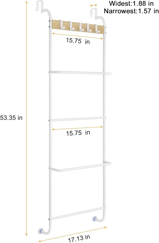 Over The Door Towel Rack 5 Tier Towel Door Hanger for Bathroom Over The Door Towel Bar Hanger with Hooks Back of Door Towel Rod Organizer for Clothes Hand Towels (White and Wood)