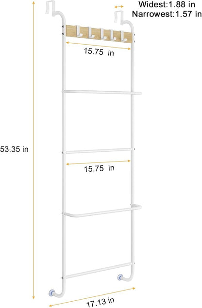 Over The Door Towel Rack 5 Tier Towel Door Hanger for Bathroom Over The Door Towel Bar Hanger with Hooks Back of Door Towel Rod Organizer for Clothes Hand Towels (White and Wood)