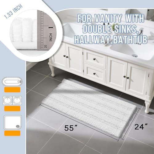 Yimobra Bathroom Runner Rugs 55"x24", Non Slip and Absorbent Bath Mat, Super Soft Water Absorbent Hallway Carpet, Machine Washable Rug for Vanity Tub Shower, White