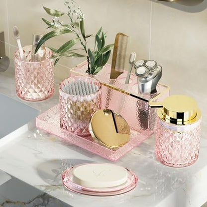 Glass Bathroom Accessories Set 5Pcs Crystal Pink - Foaming Soap Dispenser, Soap Dish, Cup, Acrylic Toothbrush Holder with Tray Organizer, Cotton Swab Jar, Bathroom Counter Set Sink Decor