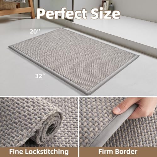 PADOOR-Bath Mat-Super Absorbent Chenille Bathroom Mats-Rubber Backed Bath Mats for Bathroom Non Slip, Easy Clean Bathroom Rugs Front of Bathtub,Shower Room,Sink-20×32, Grey&Beige