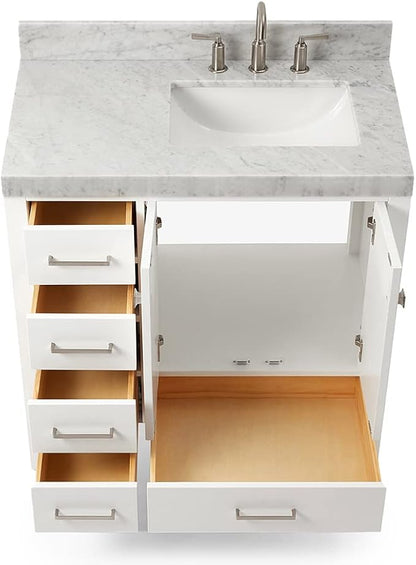 ARIEL Cambridge 36-inch Bathroom Vanity with Sink,Solid Wood, 2-inch Italian Carrara Marble Countertop, Single Rectangular Porcelain Sink, 2 Soft Closing Doors, 5 Dovetail Drawers, White