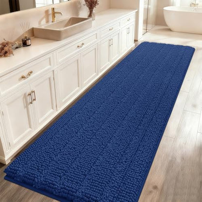 ACCUMTEK Extra Long Striped Denim Blue Bathroom Rug Mat 70"x24" Ultra Soft, Non Slip Chenille Bath Rugs, Absorbent Plush Shaggy Bath Mats for Bathroom, Bedroom, Kitchen, Shower, Tub