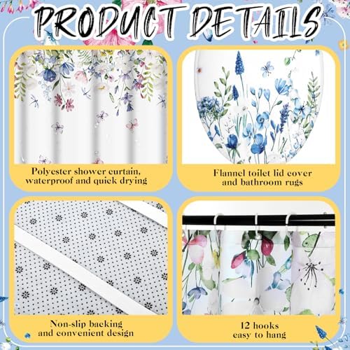 Honoson 8 Pcs Floral Shower Curtain Set with Rugs and Towels