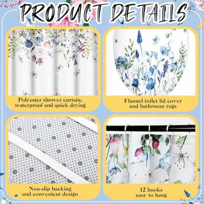Honoson 8 Pcs Floral Shower Curtain Set with Rugs and Towels
