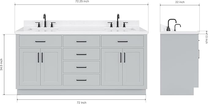ARIEL Hepburn 72-inch Bathroom Vanity with Sink,Solid Wood, 1.5-inch Carrara White Quartz Countertop & Backsplash, Double Rectangular Porcelain Sink, 4 Soft Closing Doors, 6 Dovetail Drawers, Grey