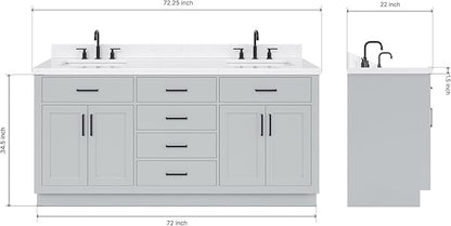 ARIEL Hepburn 72-inch Bathroom Vanity with Sink,Solid Wood, 1.5-inch Carrara White Quartz Countertop & Backsplash, Double Rectangular Porcelain Sink, 4 Soft Closing Doors, 6 Dovetail Drawers, Grey