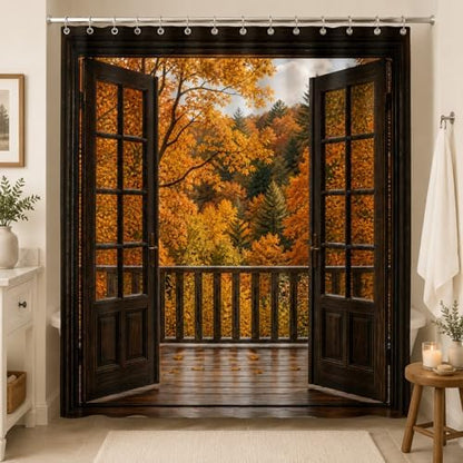 Fall Shower Curtain, Autumn Forest Window View Decor Bathroom Curtains, Maple Leaves Open Door Balcony Rustic Farmhouse Waterproof Polyester Shower Curtain with Hooks,72x72 Inch