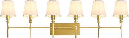 6-Light Bathroom Light Fixtures,50 in Vintage Bathroom Vanity Lights Over Mirror,Antique Brass Wall Sconce with Flared White Fabric Lampshade for Bedroom,Living Room,Foyer,Hardwired,E12 Base