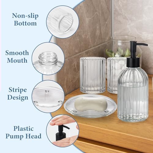 Glass Bathroom Accessories Set, 4Pcs Bathroom Accessories Sets Complete Lotion Soap Dispenser, Toothbrush Holder, Mouthwash Cup, Soap Dish for Bath Decor, Countertop Vanity Organizer (Clear)