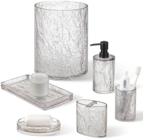 RQYIXI Resin 6-Piece Bathroom Accessories Set, Silver Crackle, Trash Can