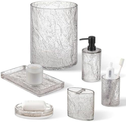 RQYIXI Resin 6-Piece Bathroom Accessories Set, Silver Crackle, Trash Can