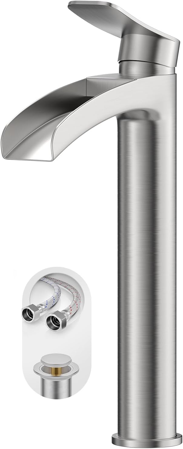 Phiestina Brushed Nickel Tall Bathroom Vessel Sink Faucet, Single Hole Single Handle Waterfall Modern Above Countertop Sink Bathroom Faucet, with Pop Up Drain and Water Supply Line, NS-SF01-BN-V