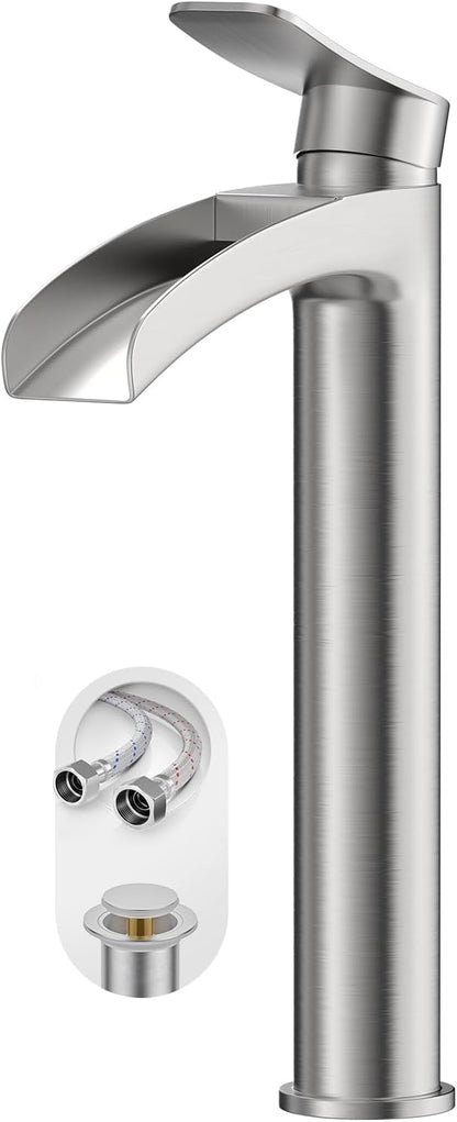 Phiestina Brushed Nickel Tall Bathroom Vessel Sink Faucet, Single Hole Single Handle Waterfall Modern Above Countertop Sink Bathroom Faucet, with Pop Up Drain and Water Supply Line, NS-SF01-BN-V